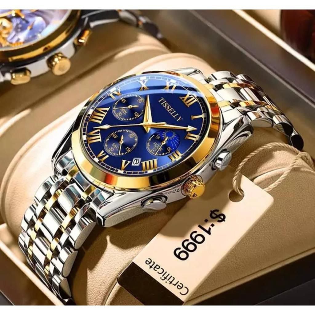 Hot TISSELLY 6601 Gold Diamond Steel Moon Multi-function Quartz Mens Watches Top Brand Luxury Watch for Men 2024