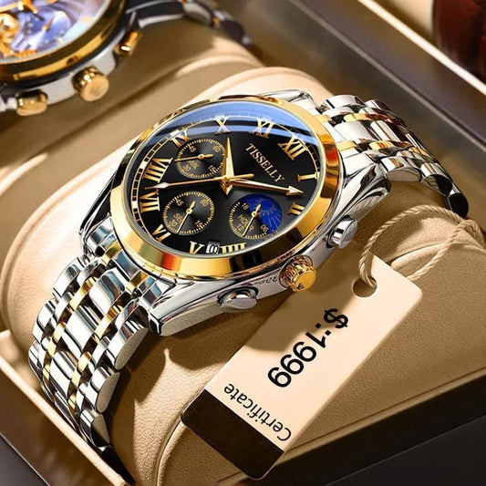 Hot TISSELLY 6601 Gold Diamond Steel Moon Multi-function Quartz Mens Watches Top Brand Luxury Watch for Men 2024