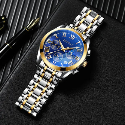 Hot TISSELLY 6601 Gold Diamond Steel Moon Multi-function Quartz Mens Watches Top Brand Luxury Watch for Men 2024