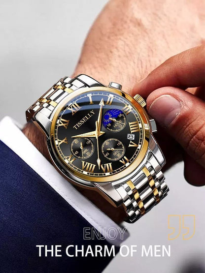 Hot TISSELLY 6601 Gold Diamond Steel Moon Multi-function Quartz Mens Watches Top Brand Luxury Watch for Men 2024