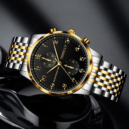 Tisselly T001 Luxury Quartz Watch Stainless Steel Back and Gold Mens Watch Analog Quartz Watch