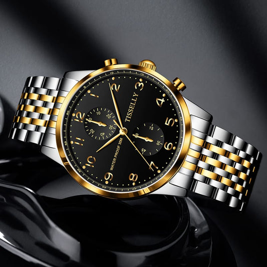 Tisselly T001 Luxury Quartz Watch Stainless Steel Back and Gold Mens Watch Analog Quartz Watch