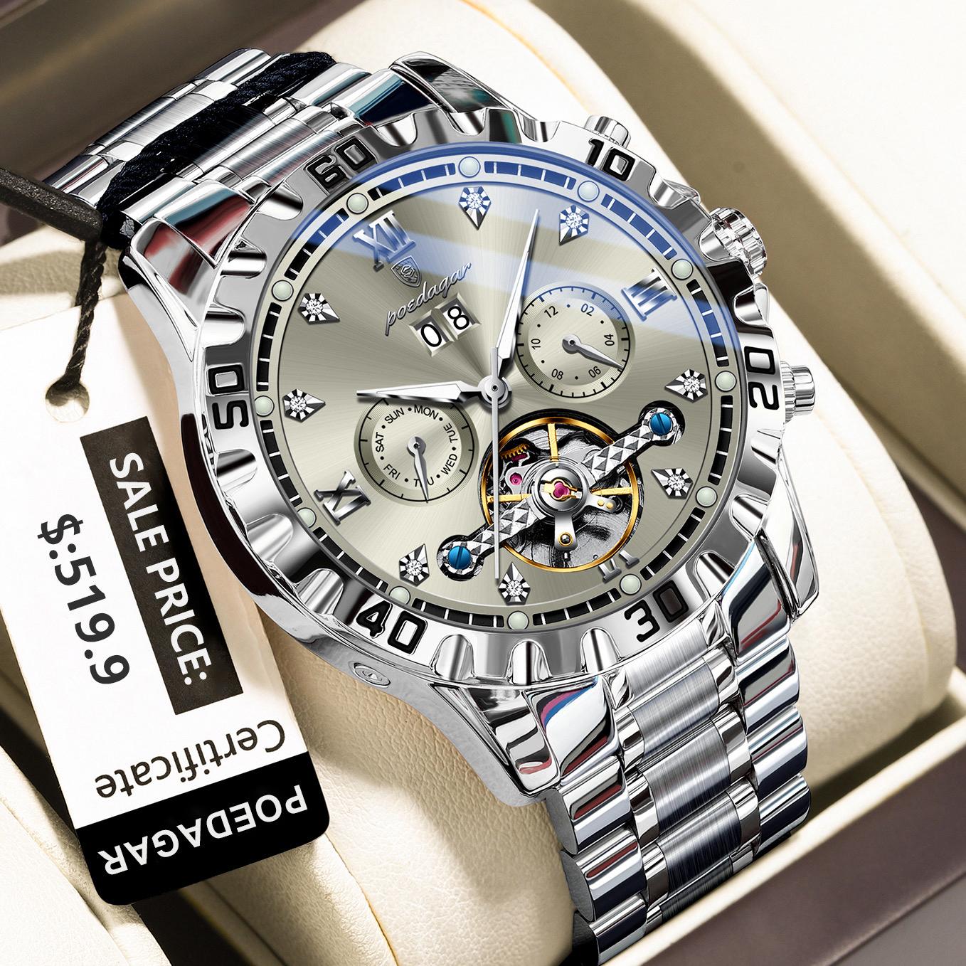 Poedagar 1412 Men Automatic Mechanical Watches Waterproof Calendar Wristwatches Luxury Luminous Watch