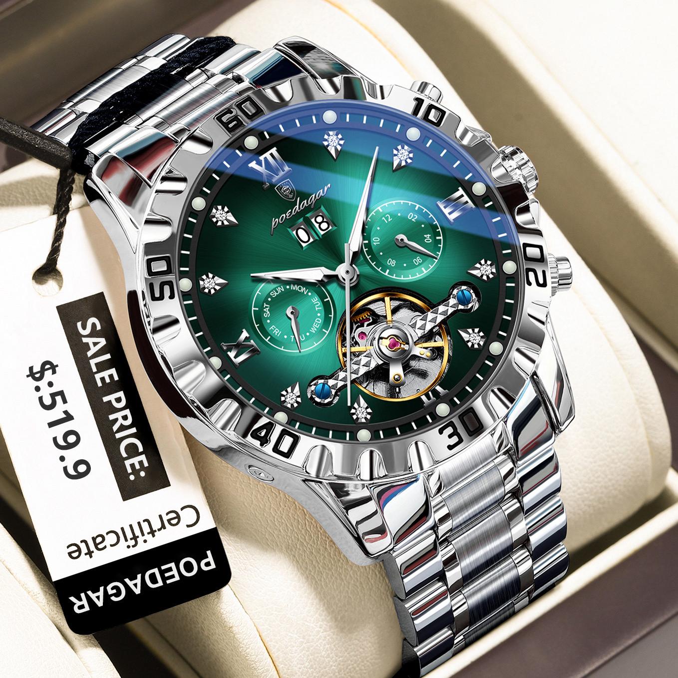Poedagar 1412 Men Automatic Mechanical Watches Waterproof Calendar Wristwatches Luxury Luminous Watch