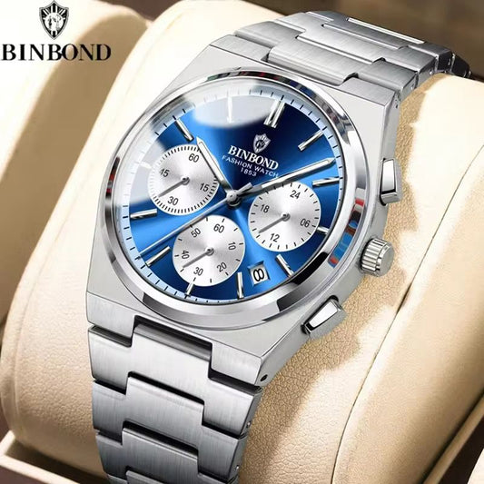 BINBOND B203 Luminous Hands Chronograph Stainless Steel Strap Men's 3ATM Waterproof Wrist Quartz Movement Date Watches