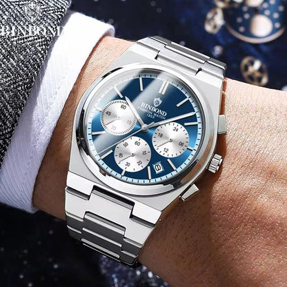 BINBOND B203 Luminous Hands Chronograph Stainless Steel Strap Men's 3ATM Waterproof Wrist Quartz Movement Date Watches