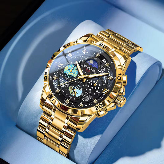 Top Brand New BINBOND 3225 Fashion Starry Sky Quartz Watch for Man Date Waterproof Luminous Stainless Steel Luxury Men's Watches