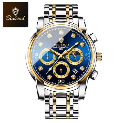 Binbond B707 Watch Casual Chronograph Men's Watches Stainless Steel Business Wristwatch Quartz Clock with Luminous Pointers for Men