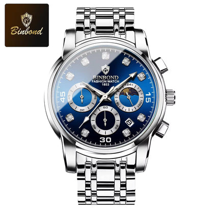 Binbond B707 Watch Casual Chronograph Men's Watches Stainless Steel Business Wristwatch Quartz Clock with Luminous Pointers for Men