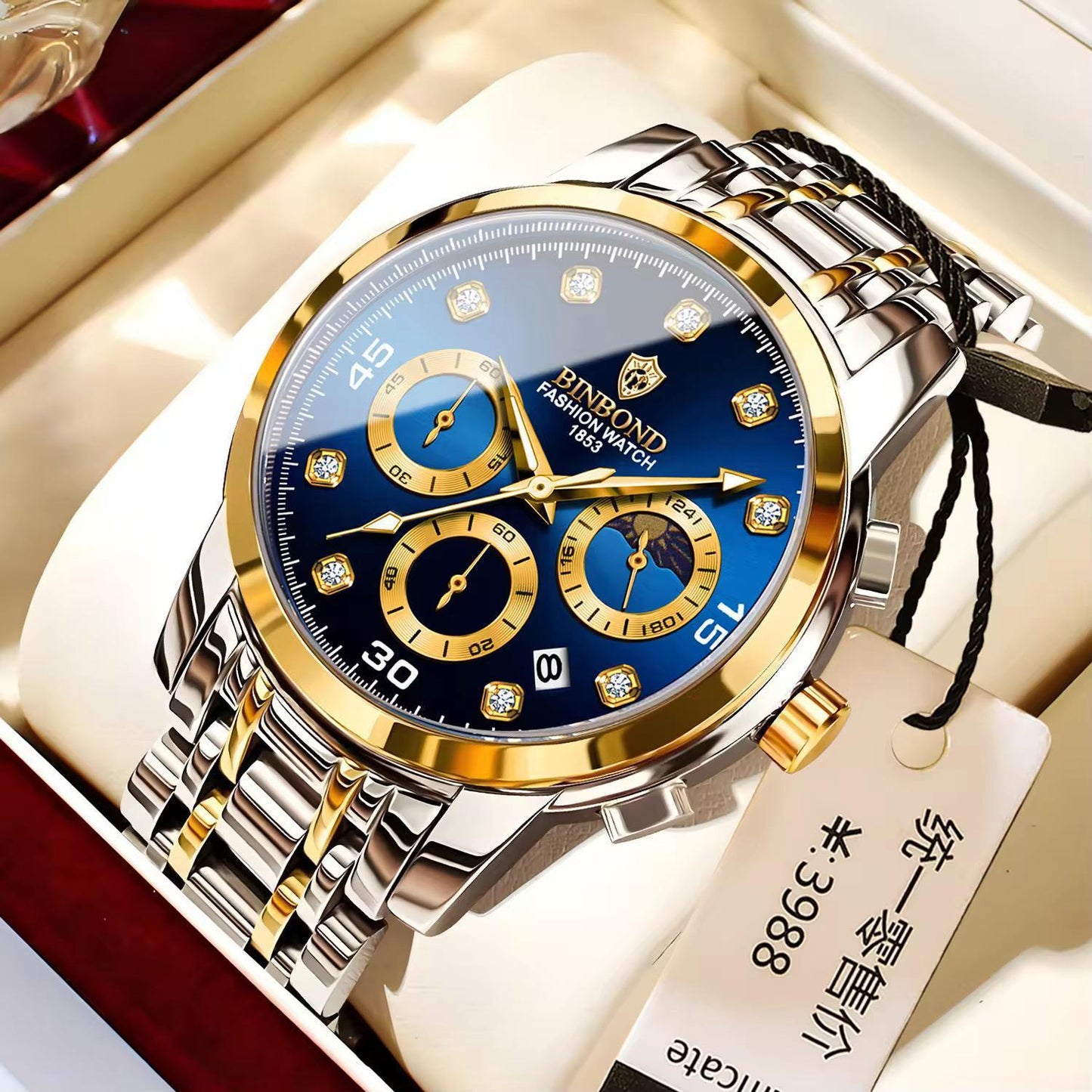 Binbond B707 Watch Casual Chronograph Men's Watches Stainless Steel Business Wristwatch Quartz Clock with Luminous Pointers for Men