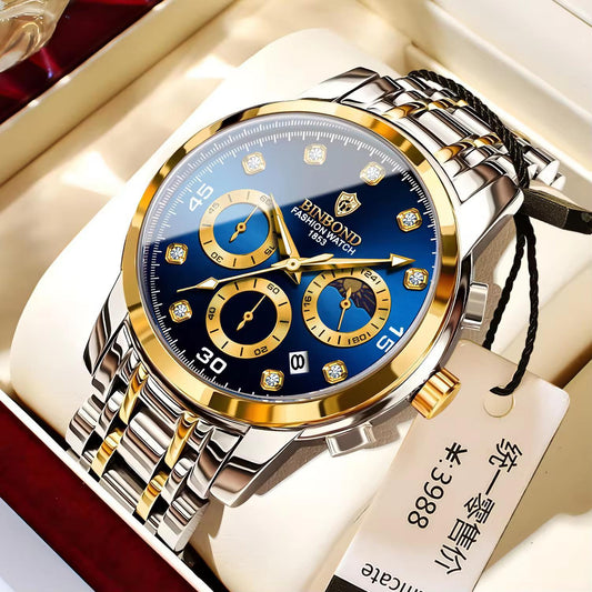 Binbond B707 Watch Casual Chronograph Men's Watches Stainless Steel Business Wristwatch Quartz Clock with Luminous Pointers for Men