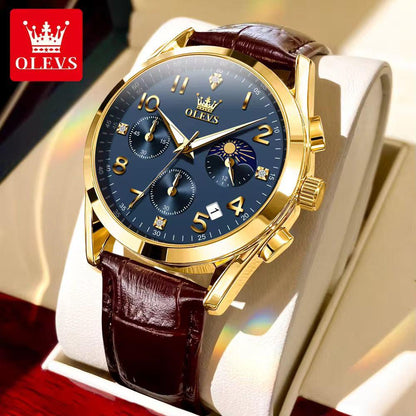 OLEVS 2890 Men Quartz Watch Top Brand Chronograph Wristwatch Sports Watches Luminous Leather Waterproof Clock