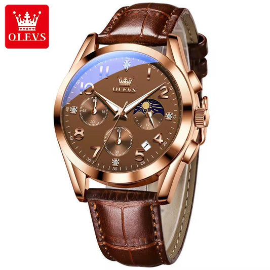 OLEVS 2890 Men Quartz Watch Top Brand Chronograph Wristwatch Sports Watches Luminous Leather Waterproof Clock