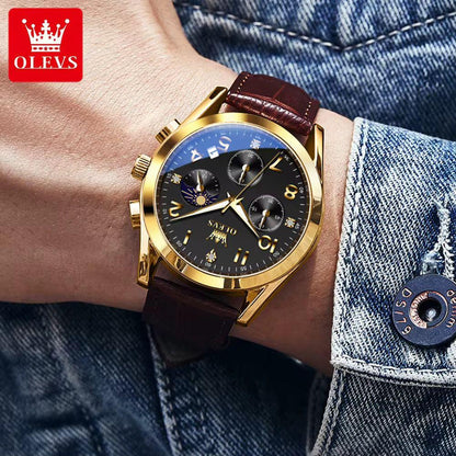 OLEVS 2890 Men Quartz Watch Top Brand Chronograph Wristwatch Sports Watches Luminous Leather Waterproof Clock