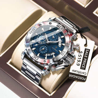 Latest Poedagar 892 Luxury Chronograph Stainless Steel Men's Quartz Watches  Luminous Waterproof Watch for Men