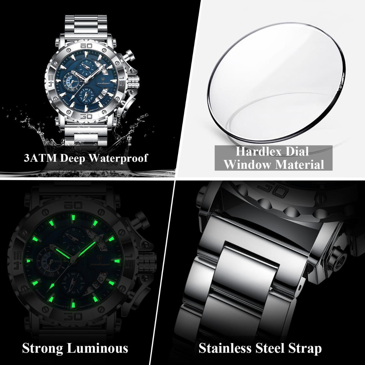 Latest Poedagar 892 Luxury Chronograph Stainless Steel Men's Quartz Watches  Luminous Waterproof Watch for Men