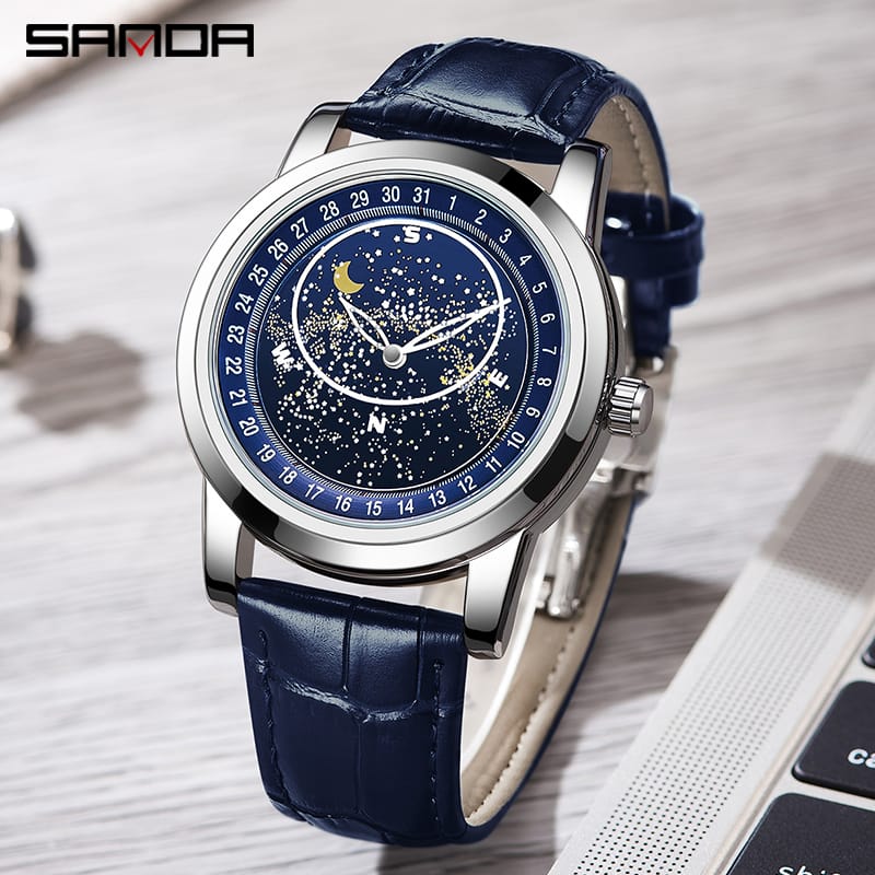 SANDA 7002 Man Quartz Movement Fashion Watch Starry Sky Dial Luminous Luxury Leather Strap Sport Wristwatches Waterproof