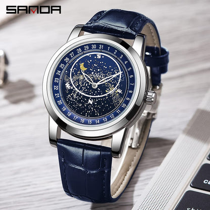 SANDA 7002 Man Quartz Movement Fashion Watch Starry Sky Dial Luminous Luxury Leather Strap Sport Wristwatches Waterproof