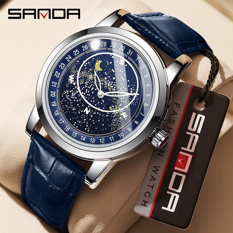 SANDA 7002 Man Quartz Movement Fashion Watch Starry Sky Dial Luminous Luxury Leather Strap Sport Wristwatches Waterproof