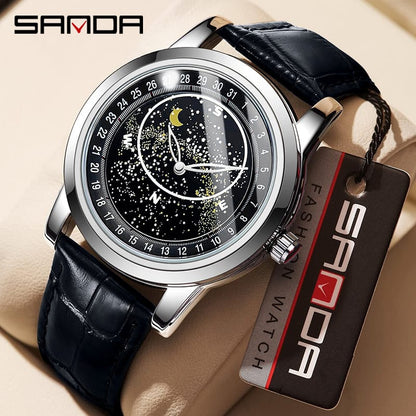 SANDA 7002 Man Quartz Movement Fashion Watch Starry Sky Dial Luminous Luxury Leather Strap Sport Wristwatches Waterproof