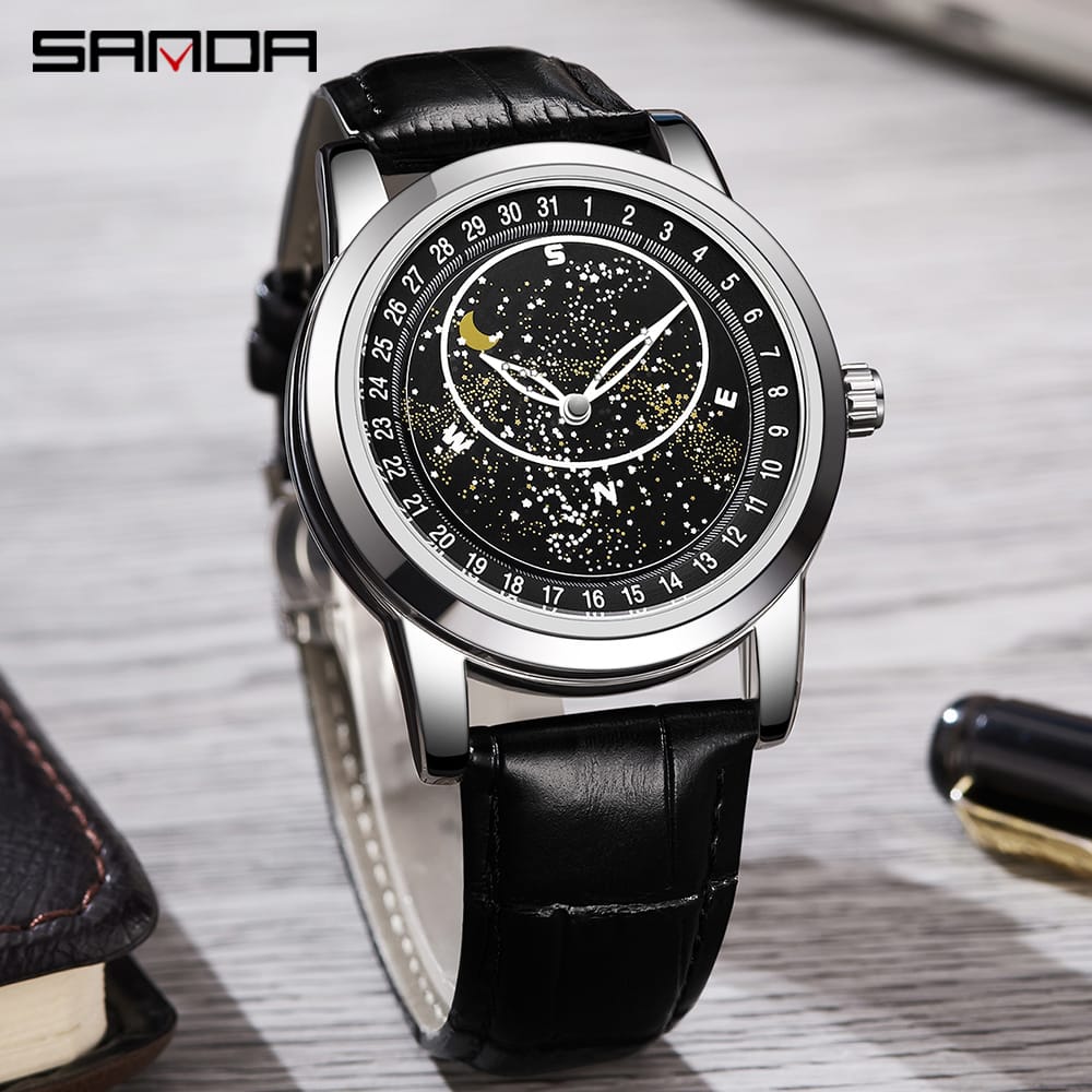 SANDA 7002 Man Quartz Movement Fashion Watch Starry Sky Dial Luminous Luxury Leather Strap Sport Wristwatches Waterproof