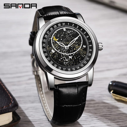 SANDA 7002 Man Quartz Movement Fashion Watch Starry Sky Dial Luminous Luxury Leather Strap Sport Wristwatches Waterproof