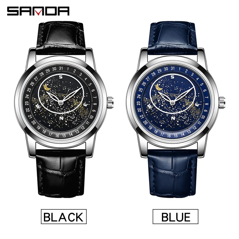 SANDA 7002 Man Quartz Movement Fashion Watch Starry Sky Dial Luminous Luxury Leather Strap Sport Wristwatches Waterproof