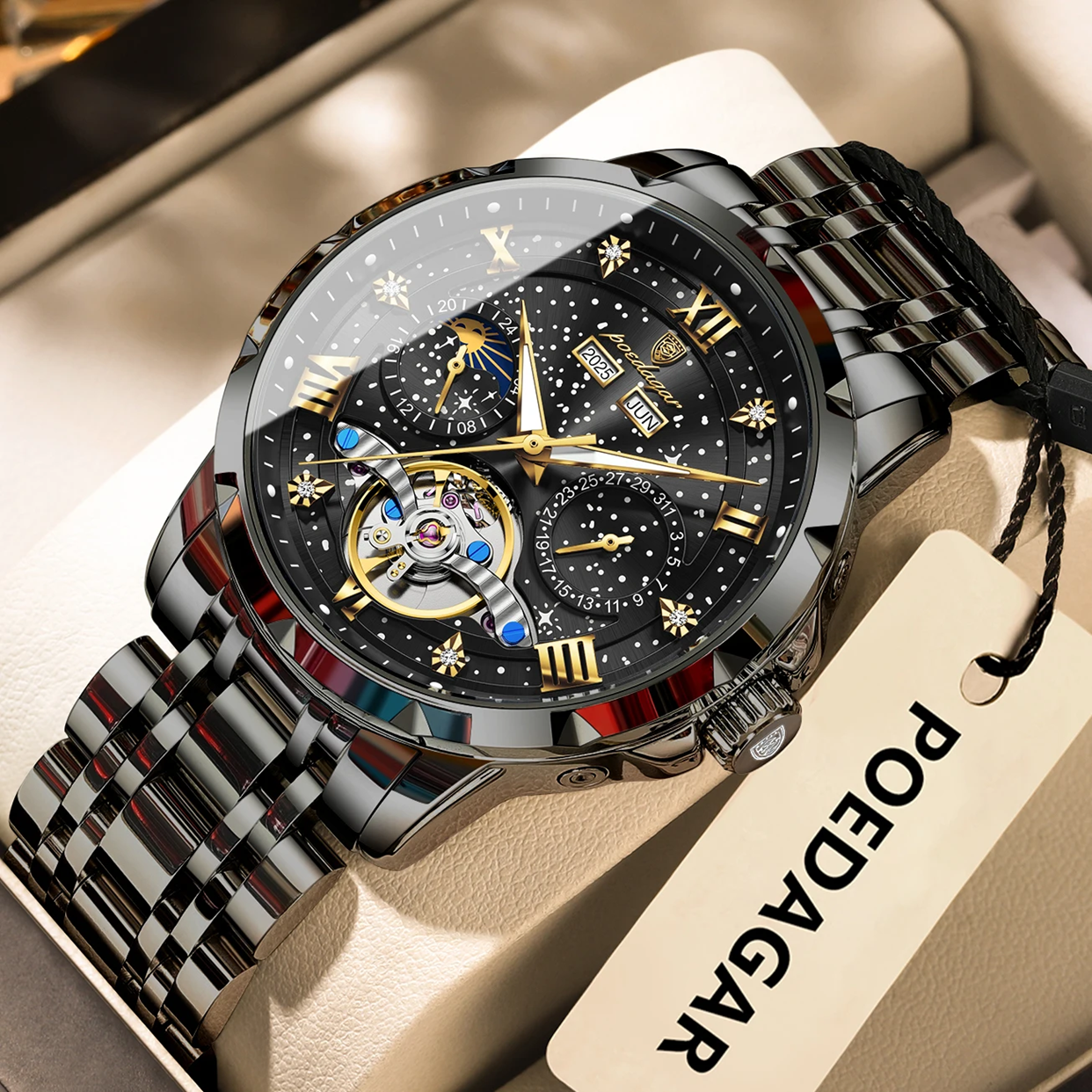Poedagar 1420 High-End Men's 3BAR Waterproof Fashion Stainless Steel Strap Auto Date Automatic Movement Mechanical Watch for Men