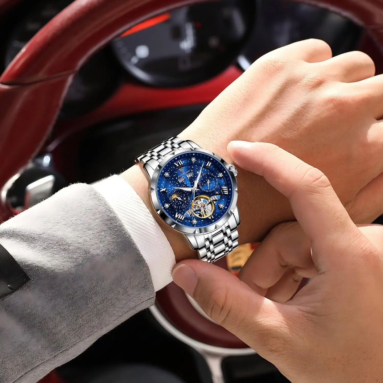 Poedagar 1420 High-End Men's 3BAR Waterproof Fashion Stainless Steel Strap Auto Date Automatic Movement Mechanical Watch for Men