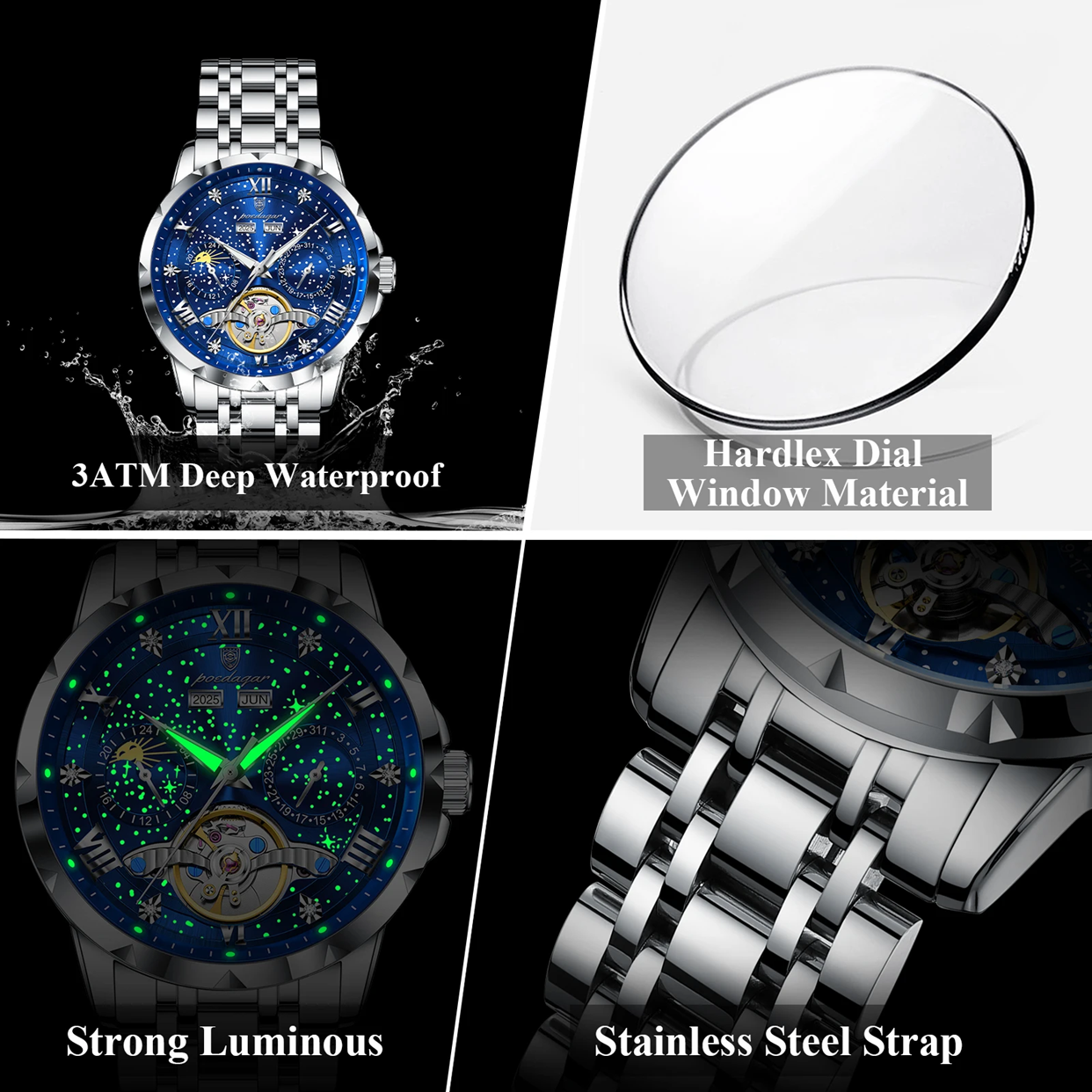 Poedagar 1420 High-End Men's 3BAR Waterproof Fashion Stainless Steel Strap Auto Date Automatic Movement Mechanical Watch for Men