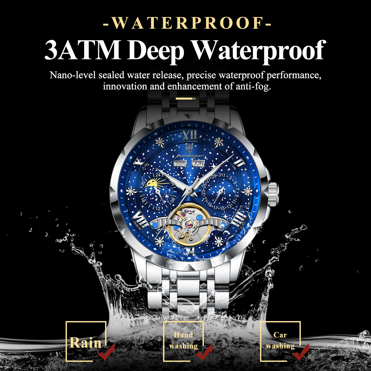 Poedagar 1420 High-End Men's 3BAR Waterproof Fashion Stainless Steel Strap Auto Date Automatic Movement Mechanical Watch for Men