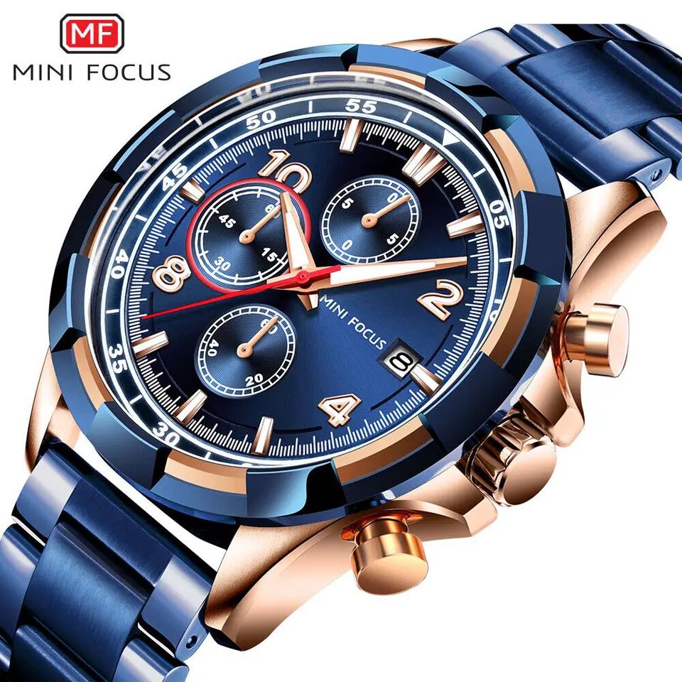 Mini Focus MF0198G Luxury Men's Wristwatch Waterproof Solid Stainless Steel Chain Chrono Watch