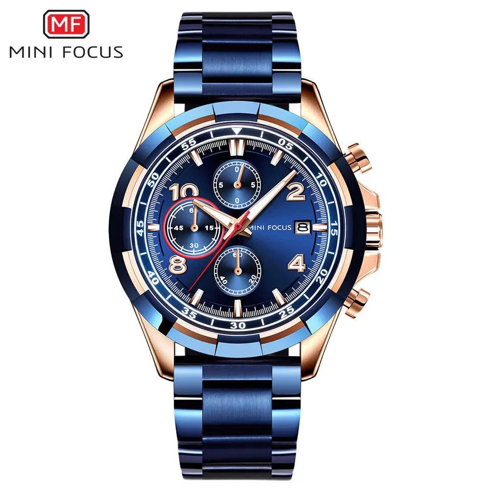 Mini Focus MF0198G Luxury Men's Wristwatch Waterproof Solid Stainless Steel Chain Chrono Watch