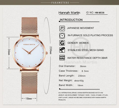 Women Watch High Quality Hannah Martin HM-MD36 elegant female Top Quartz Watches Fashion Waterproof Stainless Steel Wristwatches Ladies Business Watch