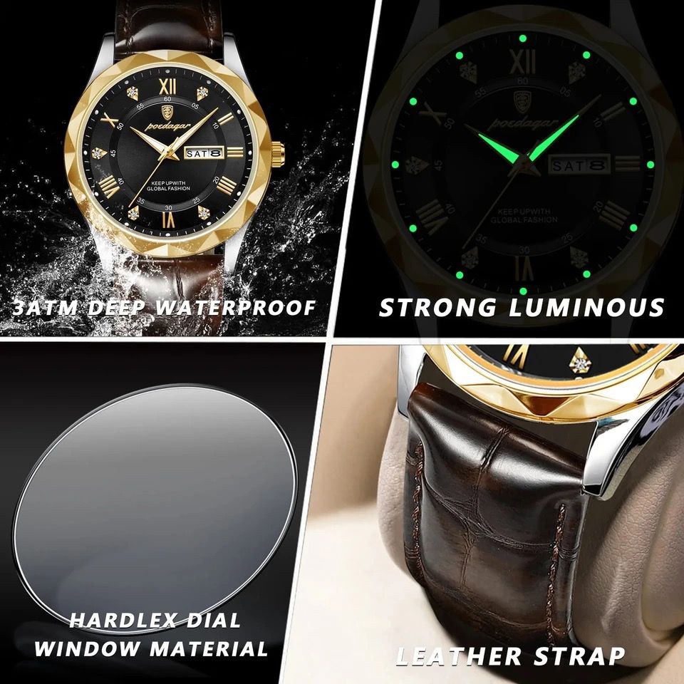 Hot Selling POEDAGAR 615 Men's Leather Watches Fashion Trend Quartz Wristwatch Original Waterproof Leather Watch For Man Date Week 2025