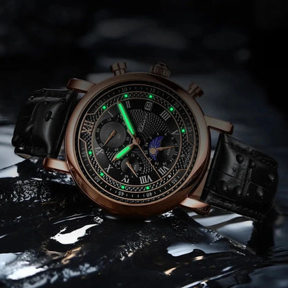 Fashion Leather Chronograph Chenxi 976  Date Men's Phase Of The Moon Timing Business Luminous Quartz Watc