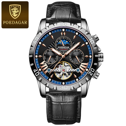 POEDAGAR 1410 Tourbillon Automatic Mechanical Wristwatch Men Waterproof Luminous Leather Strap Men's Clock Luxury Watch for Man