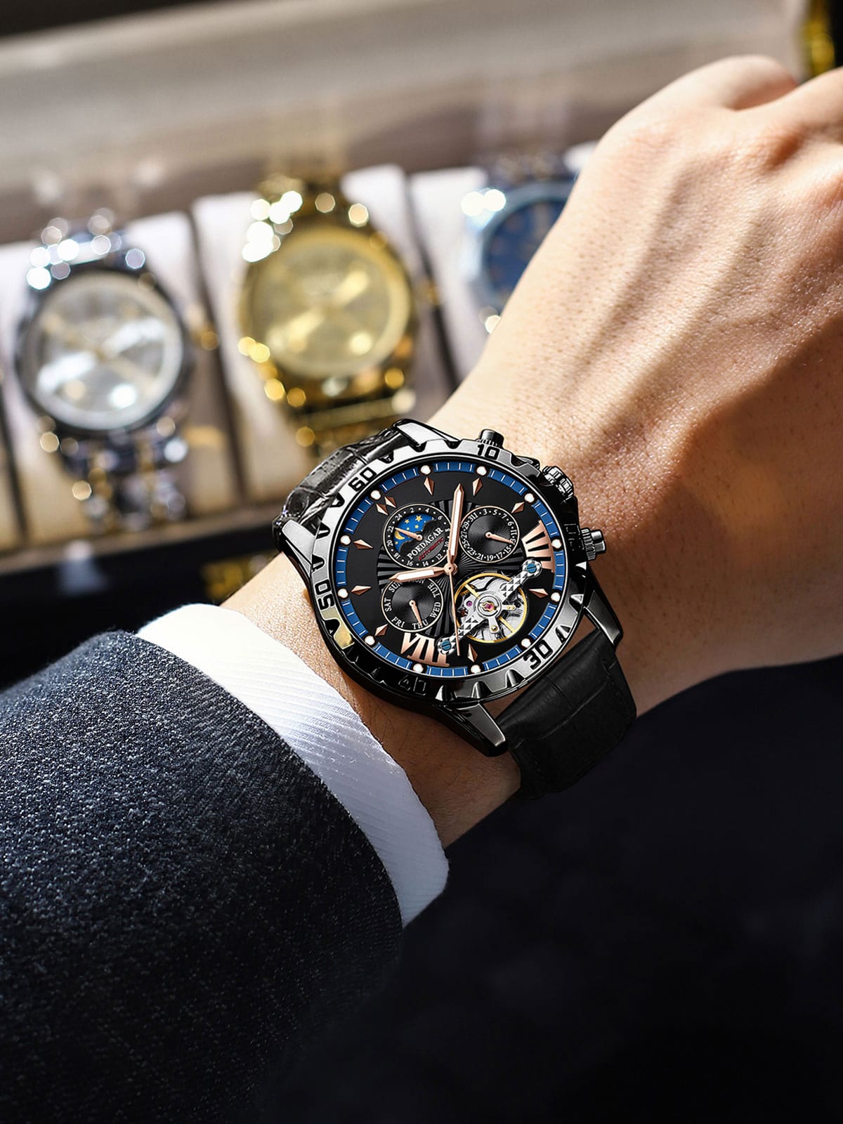 POEDAGAR 1410 Tourbillon Automatic Mechanical Wristwatch Men Waterproof Luminous Leather Strap Men's Clock Luxury Watch for Man