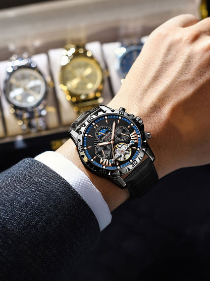 POEDAGAR 1410 Tourbillon Automatic Mechanical Wristwatch Men Waterproof Luminous Leather Strap Men's Clock Luxury Watch for Man