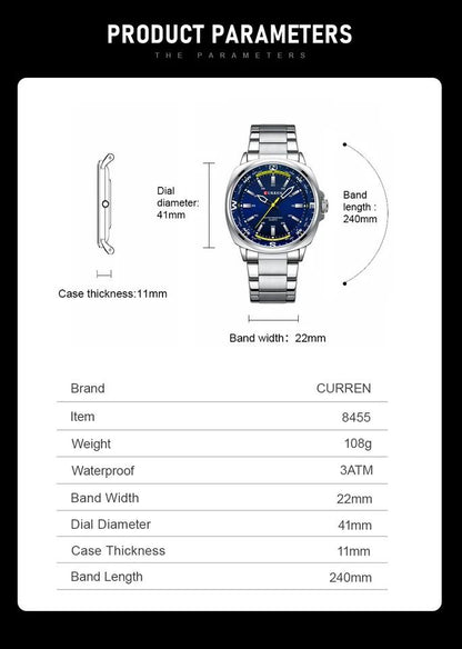 Simple Business Luxury Top Brand CURREN 8455 Men's Quartz Wristwatches Stainless Steel Alloy Fashion Unique Design Watch for Man