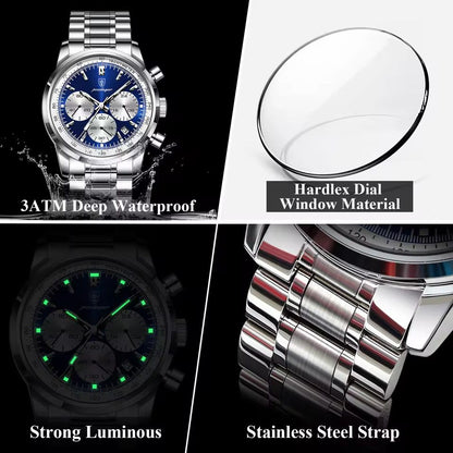Luxury Stainless Steel Metallic strap Poedagar 921 Men's Watch Waterproof Luminous Chronograph Quartz Watches for Men