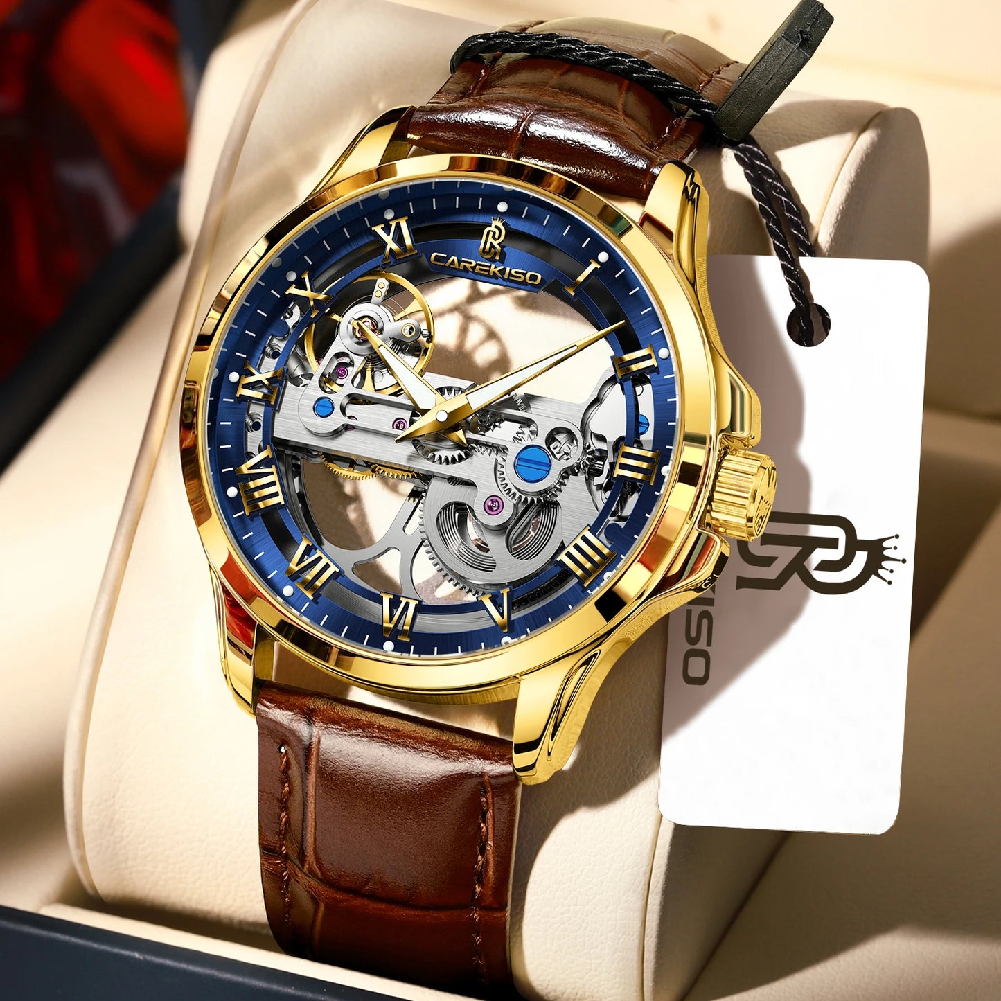 CAREKISO C124 Men Automatic Mechanical Wristwatch Waterproof Luminous Business Watch with Genuine Leather Strap