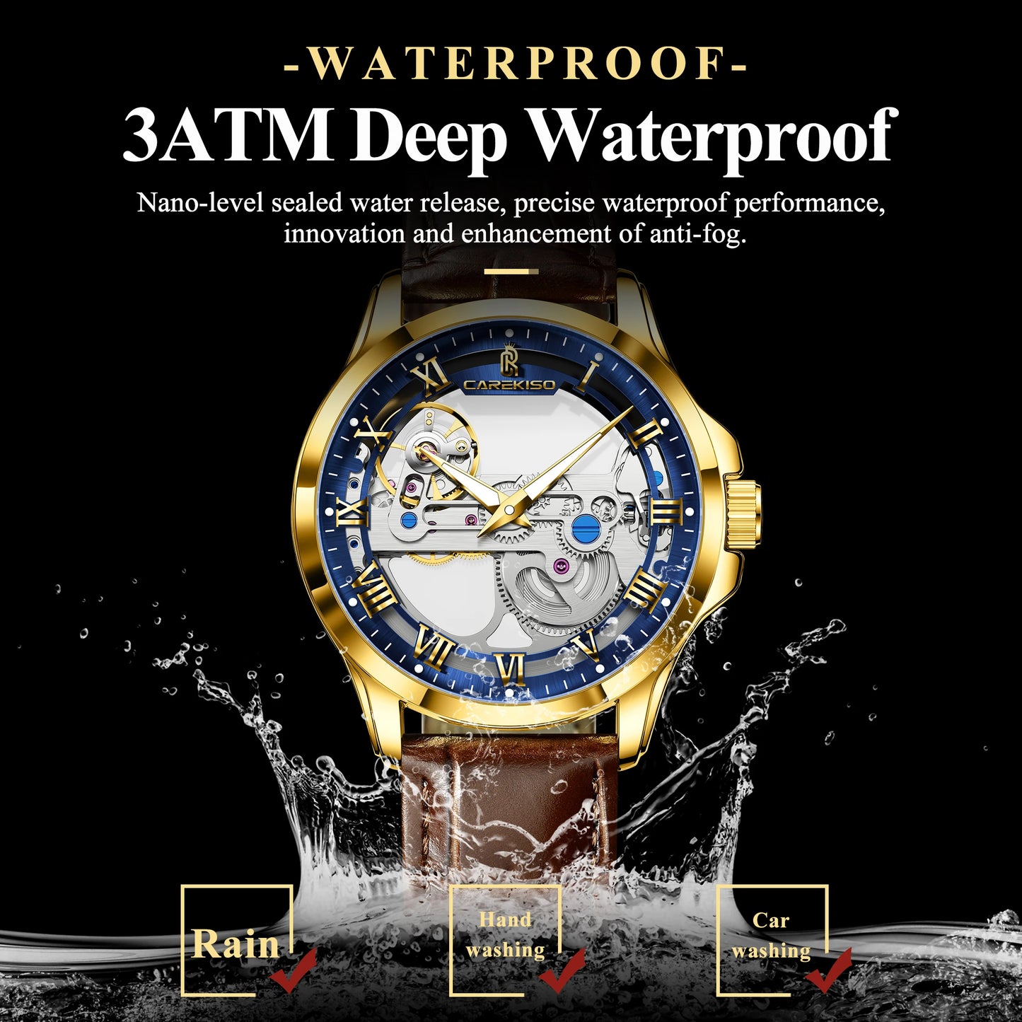 CAREKISO C124 Men Automatic Mechanical Wristwatch Waterproof Luminous Business Watch with Genuine Leather Strap