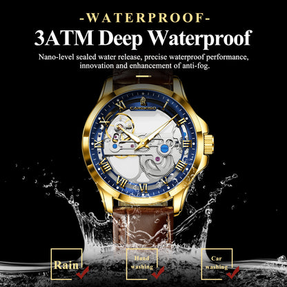 CAREKISO C124 Men Automatic Mechanical Wristwatch Waterproof Luminous Business Watch with Genuine Leather Strap