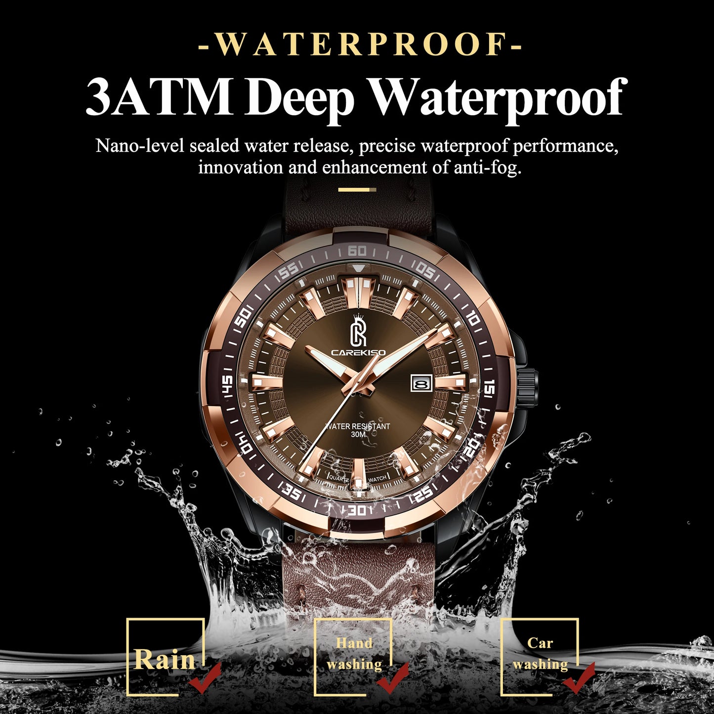 Carekiso C103 Luxury Men Watch Quartz Leather Strap Waterproof Luminous Calendar Casual Business Wristwatch for Gift