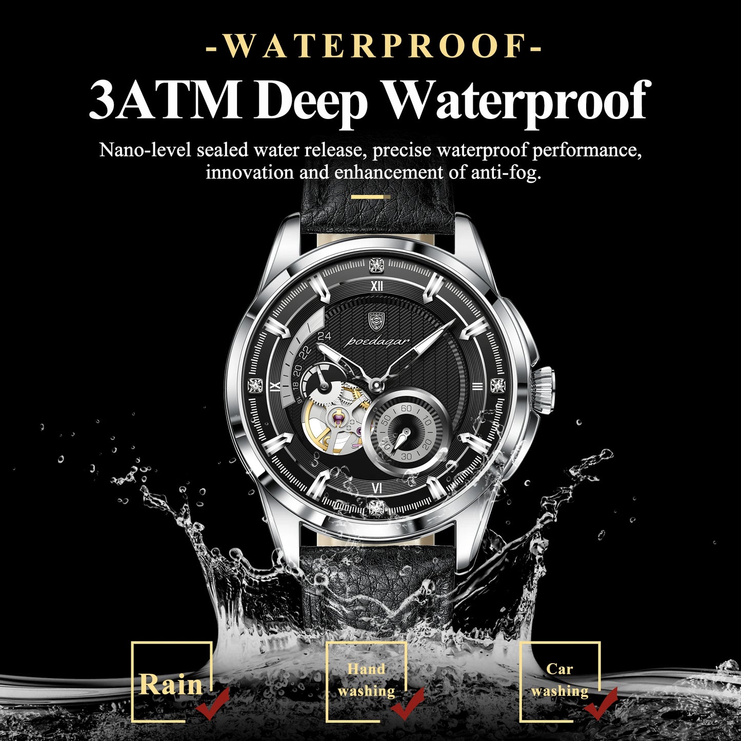 Poedagar 1427 Men Automatic Mechanical Watch Leather Band Luminous 3ATM Daily Waterproof Wristwatch