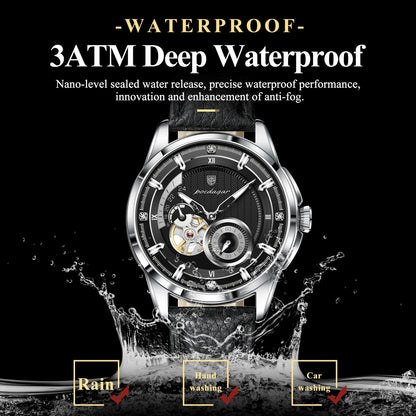 Poedagar 1427 Men Automatic Mechanical Watch Leather Band Luminous 3ATM Daily Waterproof Wristwatch
