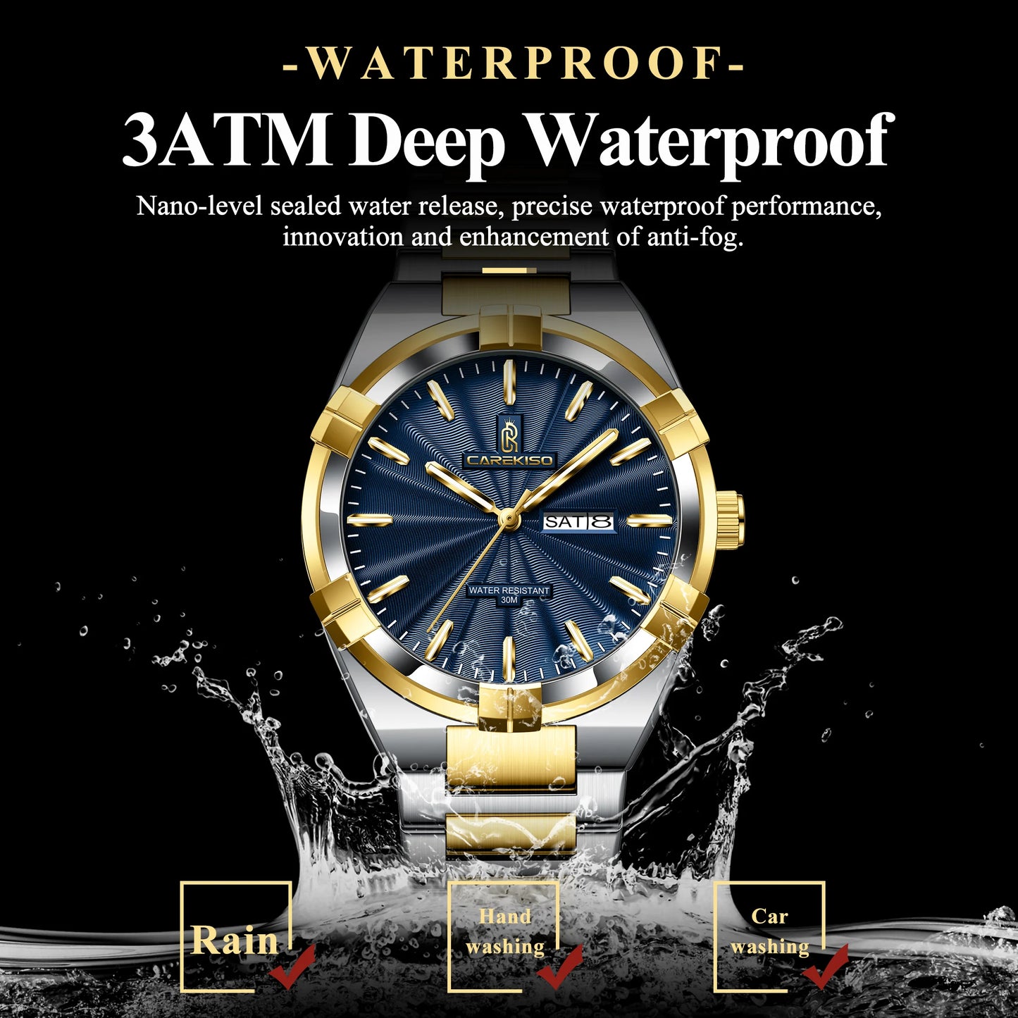 CAREKISO C109 Business Men Date Week Waterproof Luminous Quartz Men Wristwatch Stainless Steel Men's Watches