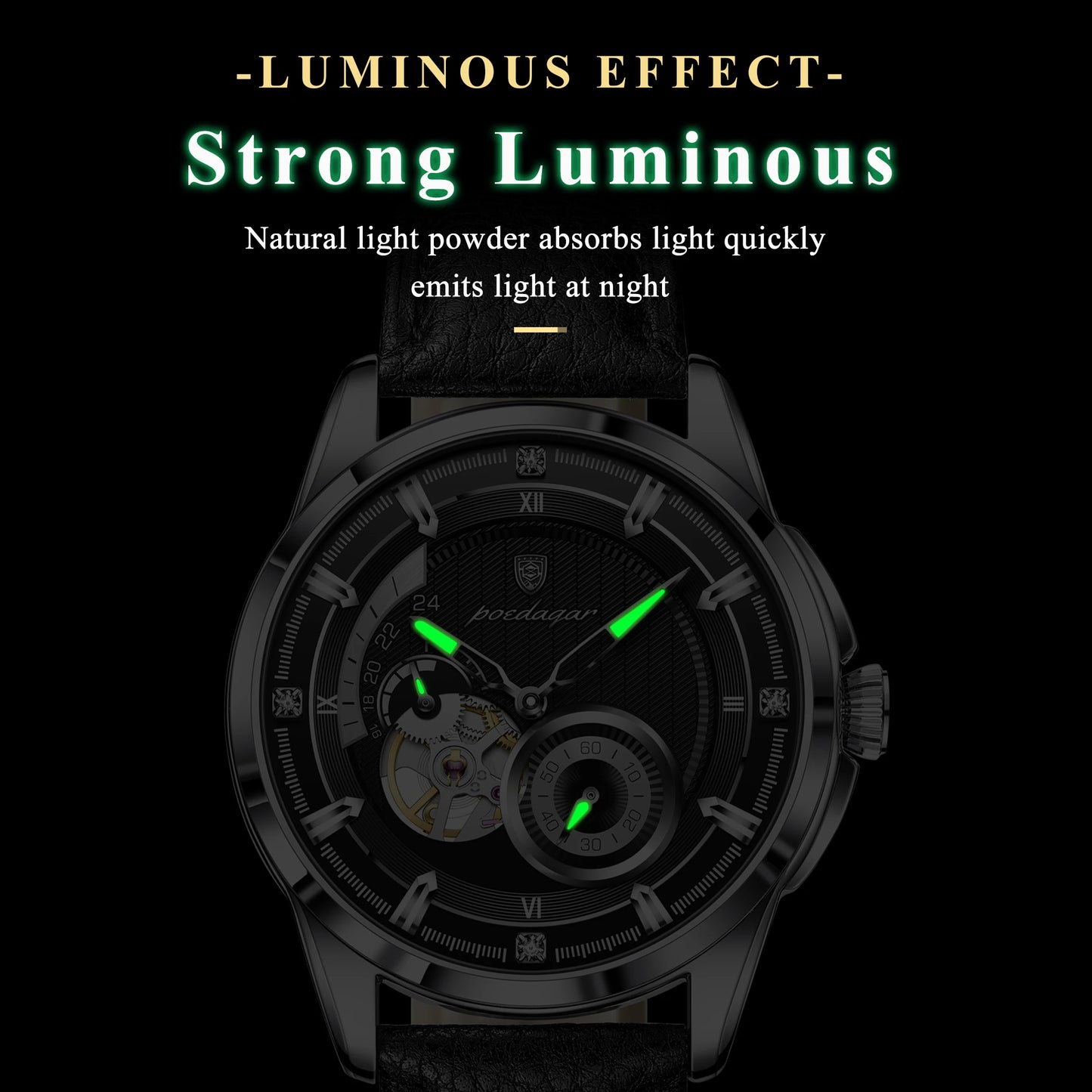 Poedagar 1427 Men Automatic Mechanical Watch Leather Band Luminous 3ATM Daily Waterproof Wristwatch