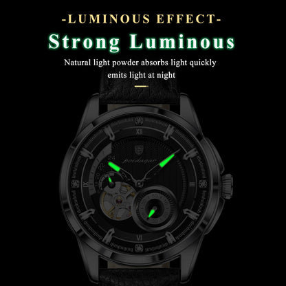 Poedagar 1427 Men Automatic Mechanical Watch Leather Band Luminous 3ATM Daily Waterproof Wristwatch